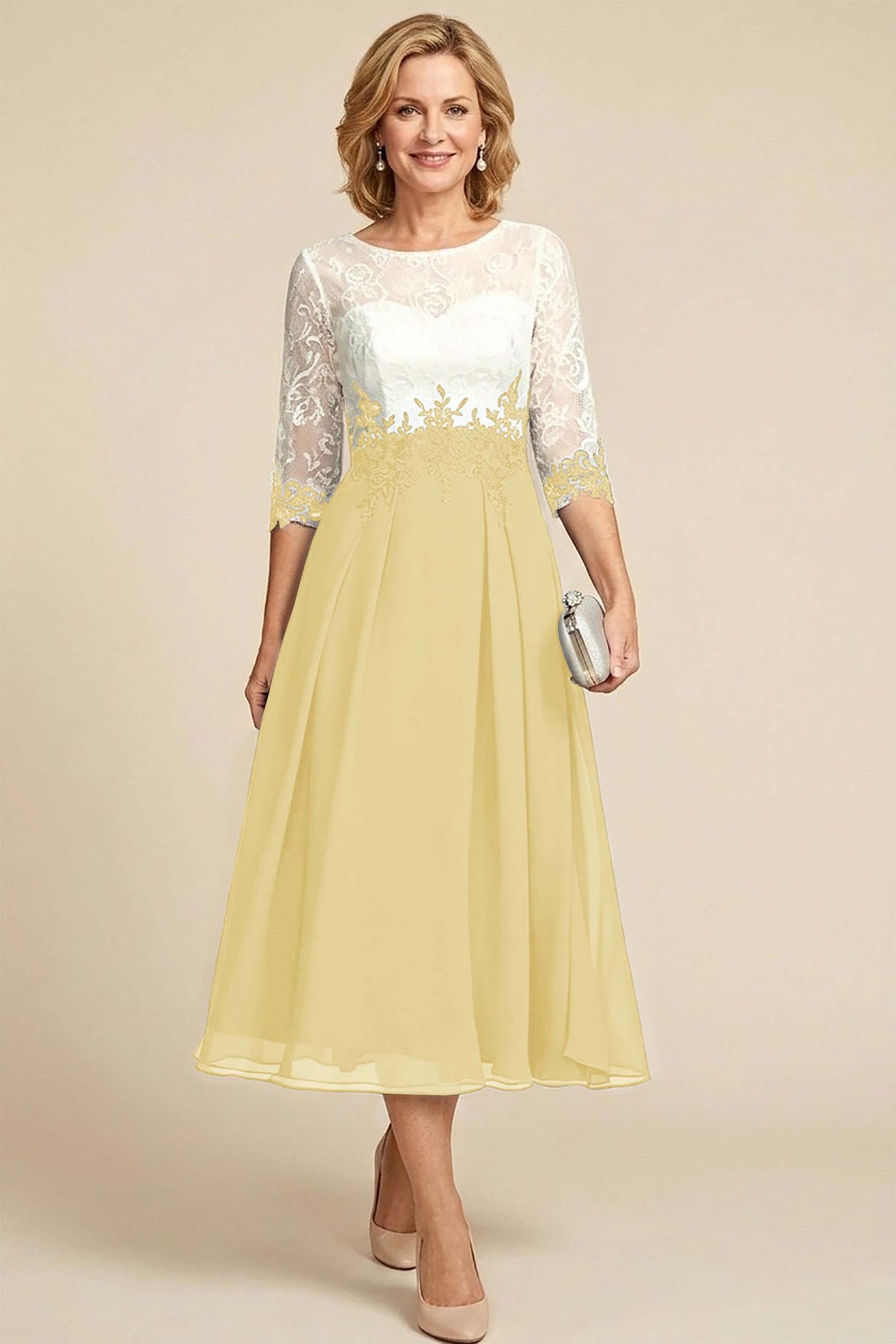 Navy Blue 3/4 Sleeve Two-Tone Lace Chiffon Mother Dresses