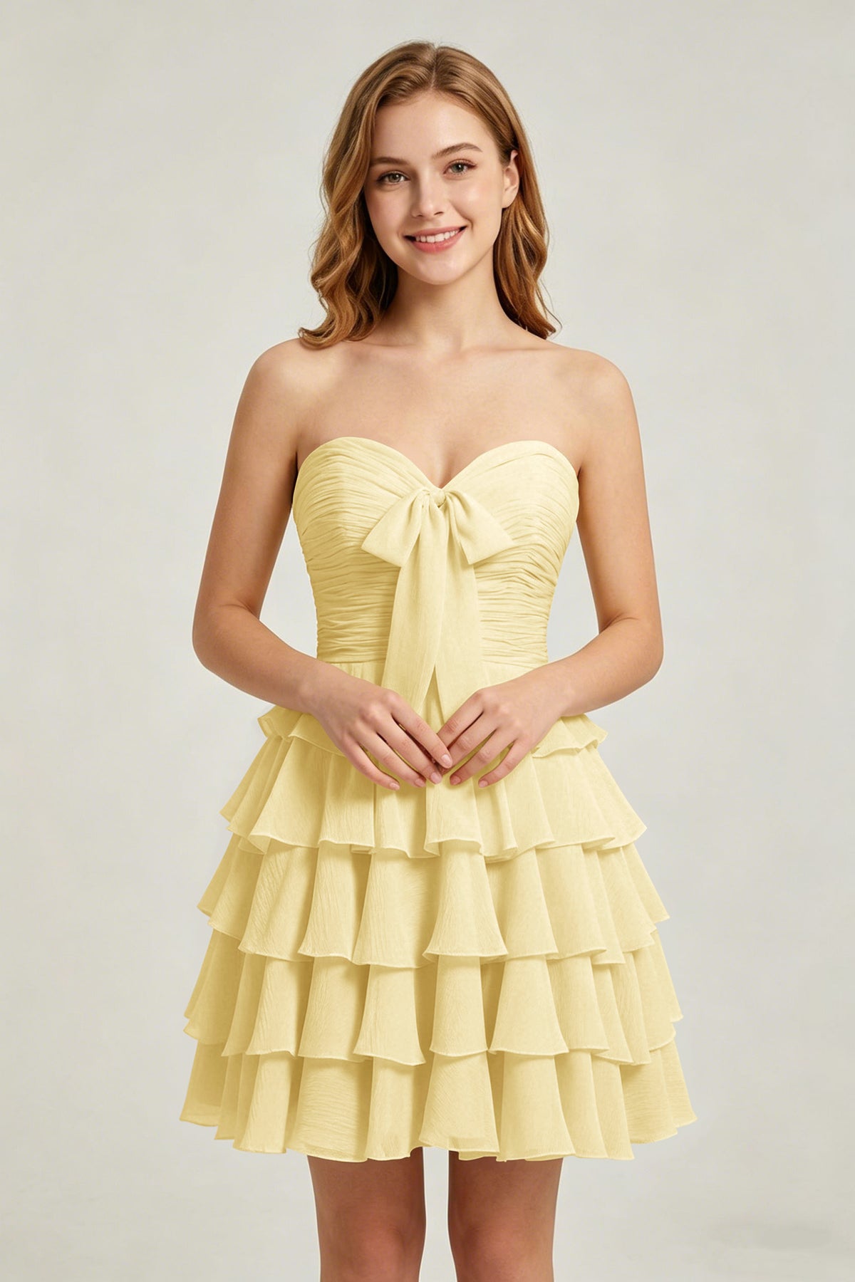 Strapless Yellow Chiffon Tiered Short Homecoming Dresses with Bow