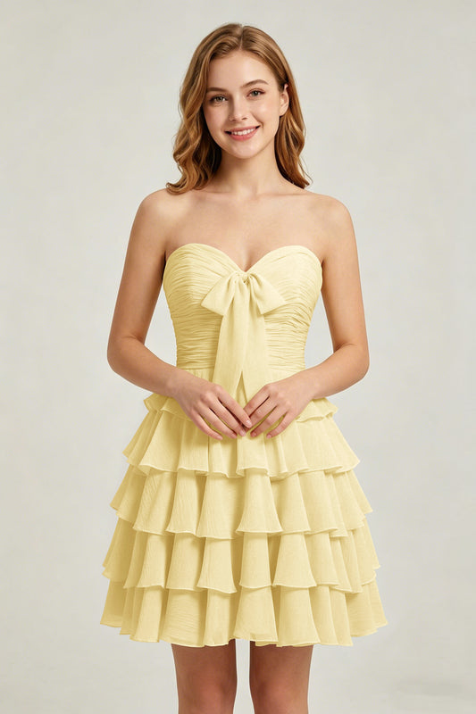 Strapless Yellow Chiffon Tiered Short Homecoming Dresses with Bow