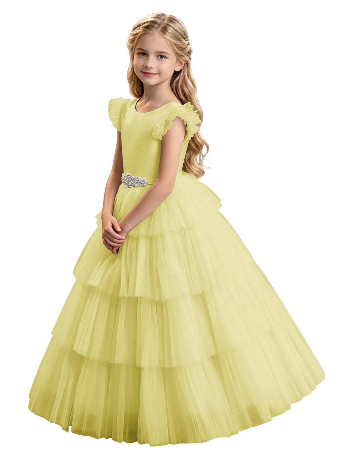 Sky Blue Tiered Tulle Flower Girl Dress with Rhinestone Belt & V-Back