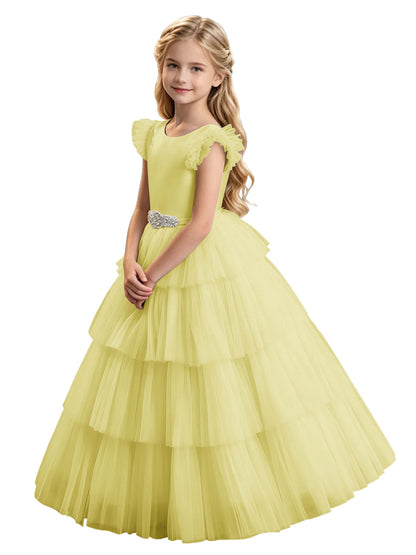 Sky Blue Tiered Tulle Flower Girl Dress with Rhinestone Belt & V-Back