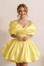 Ivory Off-the-Shoulder Bubble Hem Satin Homecoming Dresses