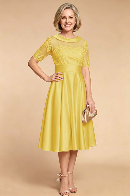 Champagne Imitation Stretch Satin Elbow Sleeve Tea-Length Mother Dresses