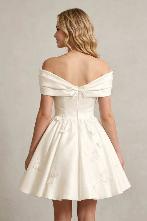 A Line Off Shoulder Ivory Satin Short Homecoming Dresses