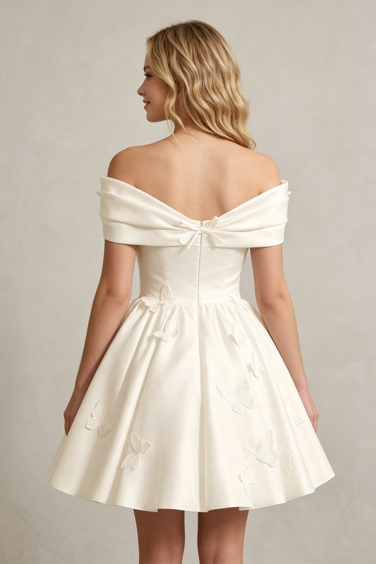 A Line Off Shoulder Ivory Satin Short Homecoming Dresses
