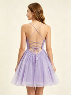 A Line Sequins Lilac Tulle Homecoming Dresses with Appliques