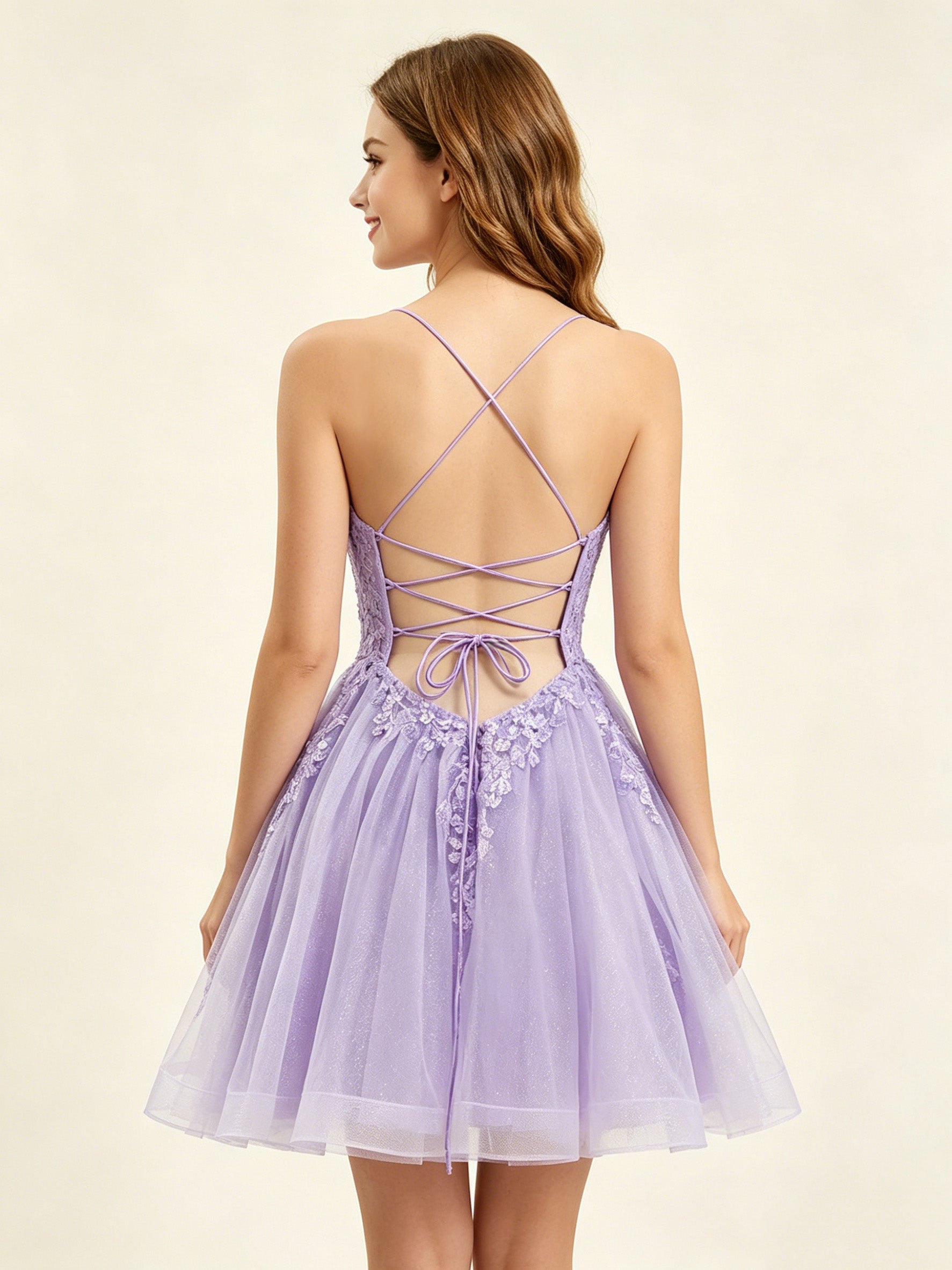 A Line Sequins Lilac Tulle Homecoming Dresses with Appliques