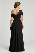 Black One-Shoulder Beaded Ruched Chiffon Mother Dresses