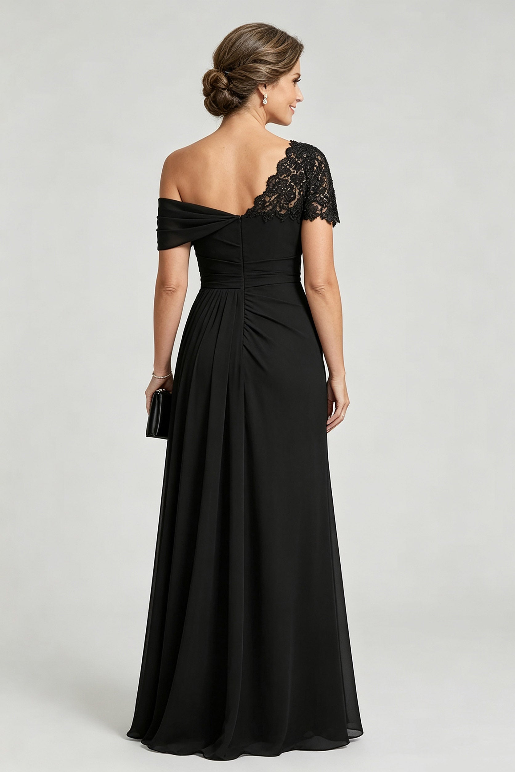Black One-Shoulder Beaded Ruched Chiffon Mother Dresses