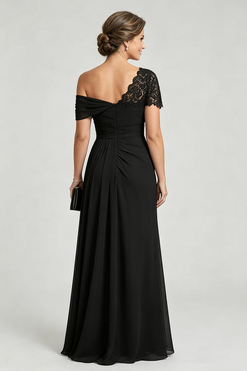 Robes de mère en mousseline froncée perlée noire à une épaule