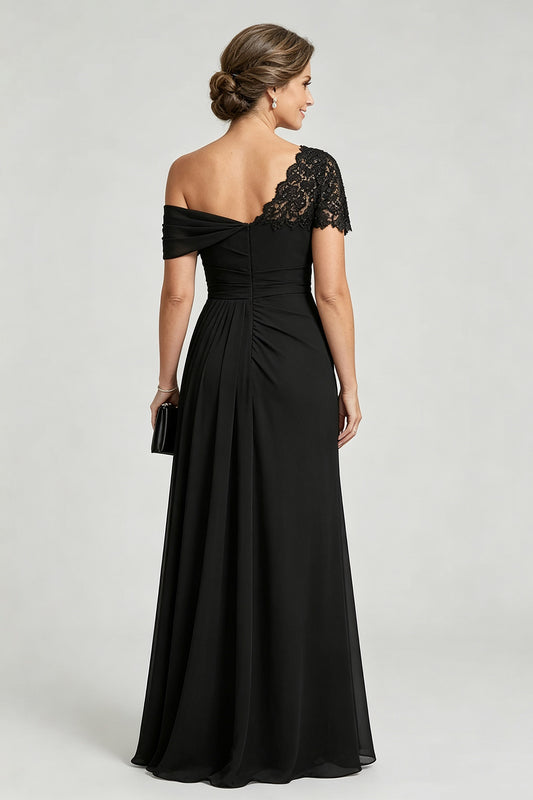 Black One-Shoulder Beaded Ruched Chiffon Mother Dresses