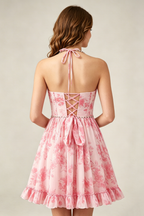 Crystal Halter Neck Blush Pink Floral Chiffon Mini Homecoming Dresses