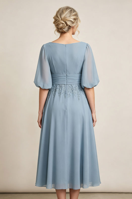Dusty Blue V-Neck Lace Chiffon Tea-Length Mother Dresses