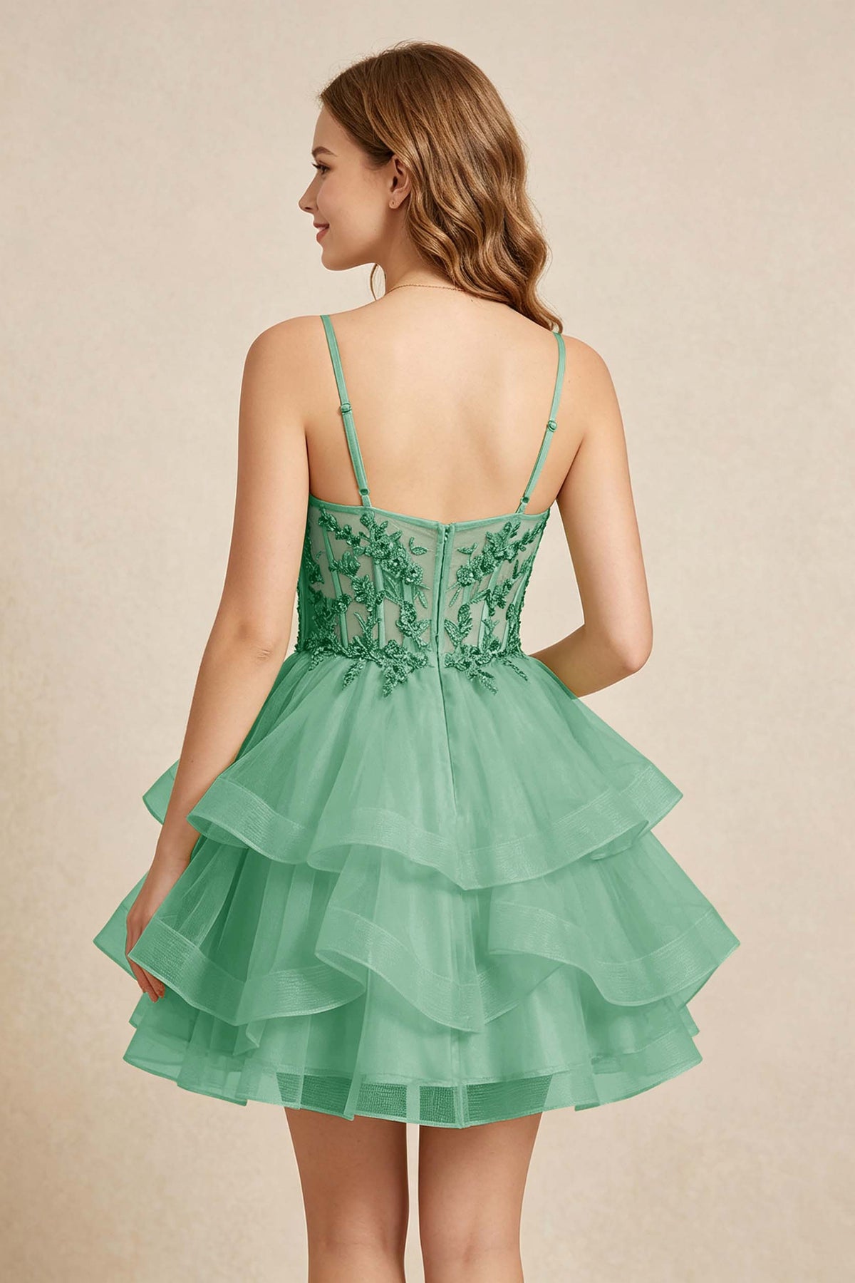 Mint Green Sequin Corset Tiered Tulle Mini Homecoming Dresses