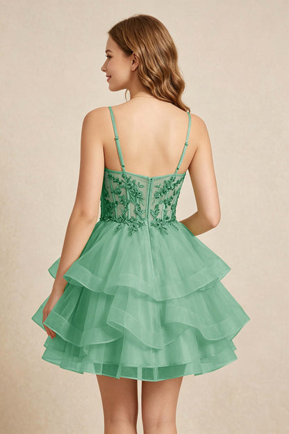 Mint Green Sequin Corset Tiered Tulle Mini Homecoming Dresses