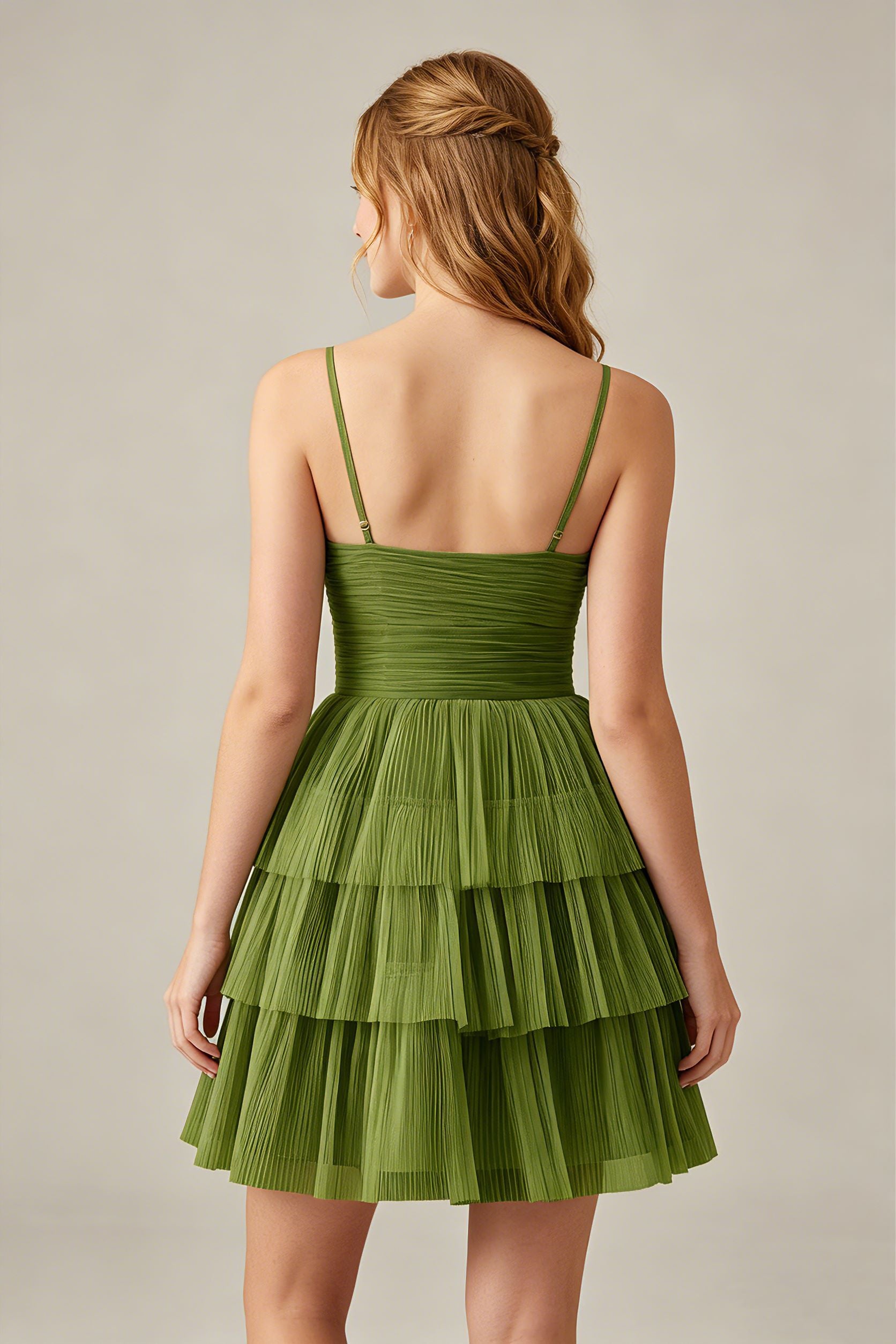 Olive Green Sleeveless Pleated Tulle Cutout Tiered Homecoming Dresses – galaprom