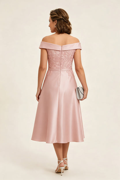 Peach Pink Off Shoulder Imitation Stretch Satin Tea-Length Mother Dresses