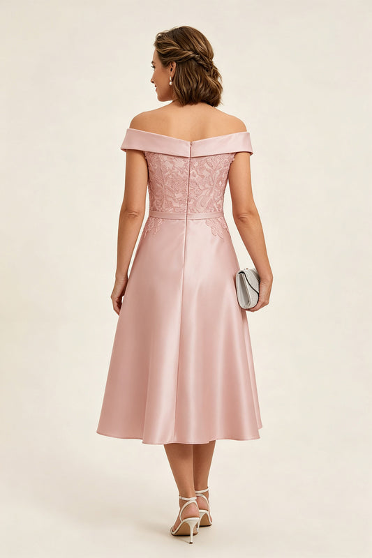 Peach Pink Off Shoulder Imitation Stretch Satin Tea-Length Mother Dresses
