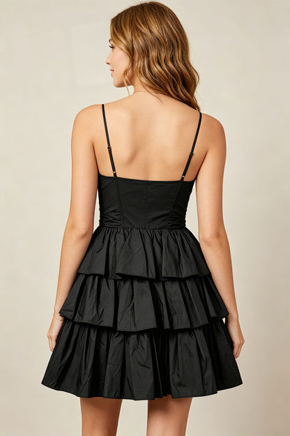 Spaghetti Straps Black Taffeta Tiered Mini Homecoming Dresses