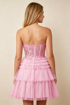 Strapless Misty Rose Lace Illusion Corset Glitter Tulle Homecoming Dresses