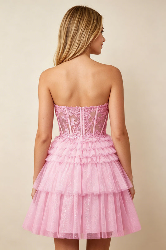 Strapless Misty Rose Lace Illusion Corset Glitter Tulle Homecoming Dresses