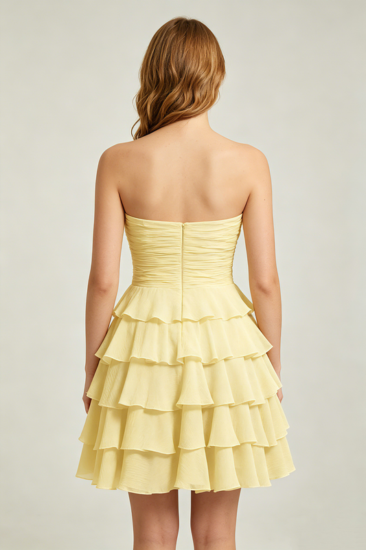 Strapless Yellow Chiffon Tiered Short Homecoming Dresses with Bow