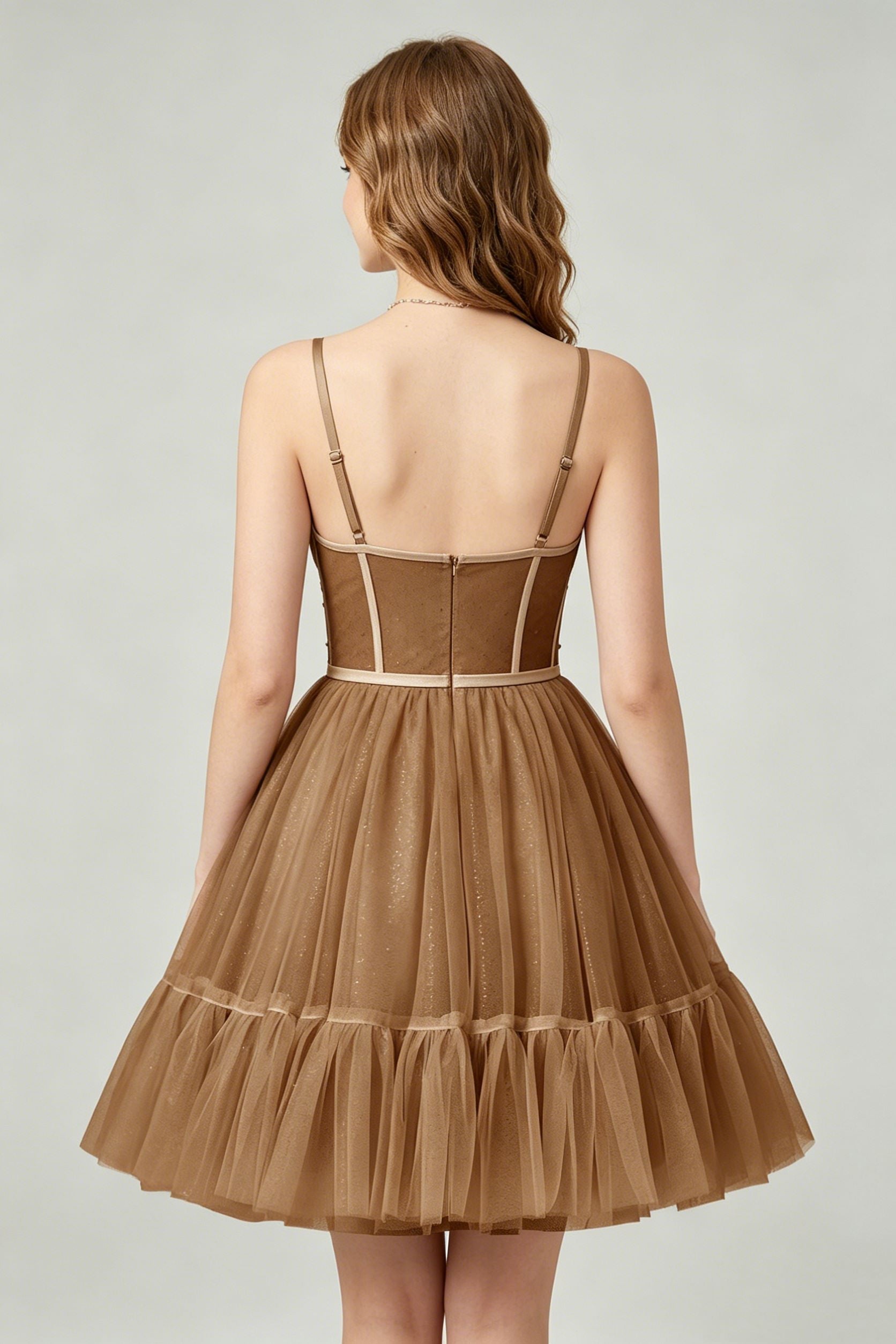 Sweetheart Neckline Brown Tulle Corset Homecoming Dresses with Pearl Accents