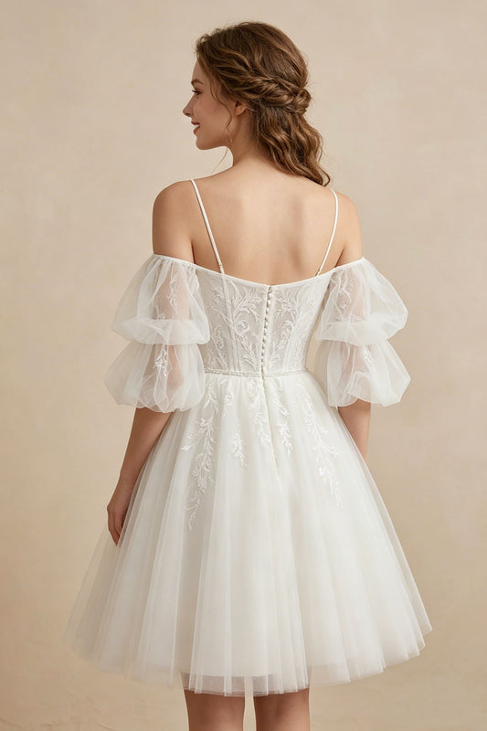 White Off the Shoulder Sweetheart V-Neck Tulle Homecoming Dresses
