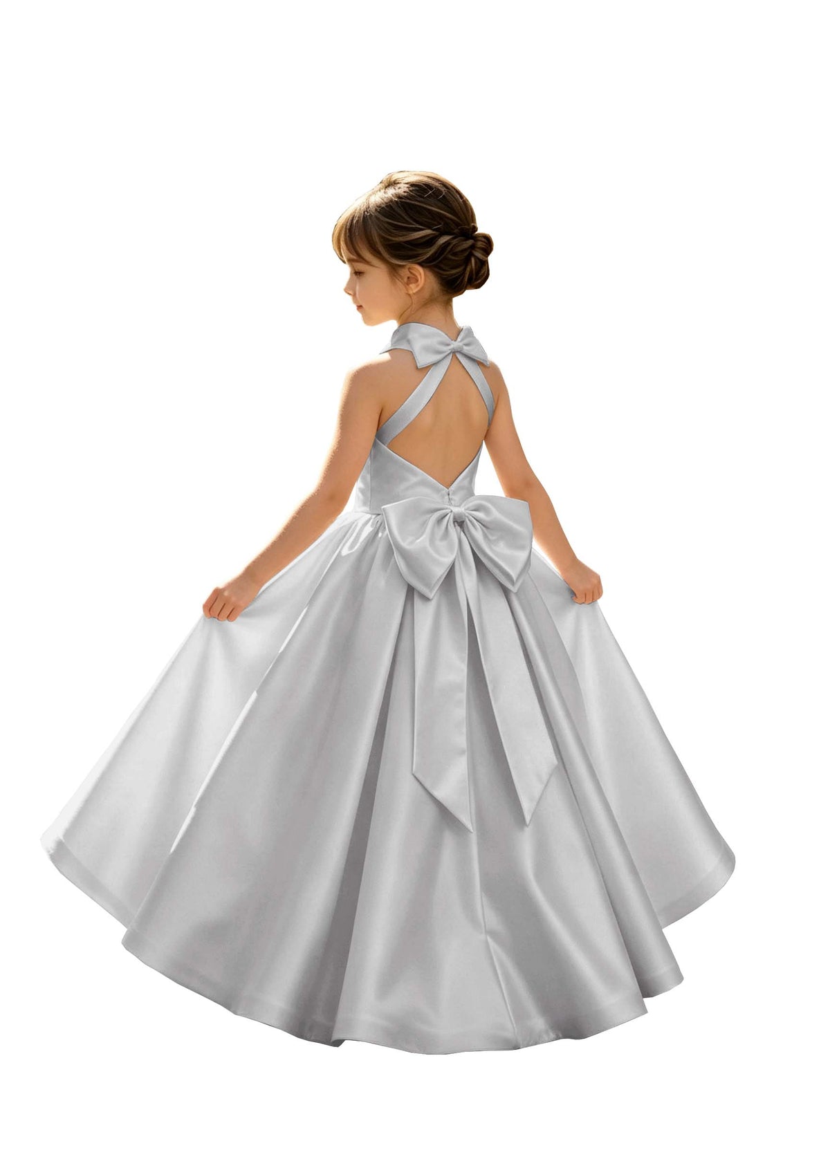A-Line Halter High Neck Satin Flower Girl Dress with Big Back Bow