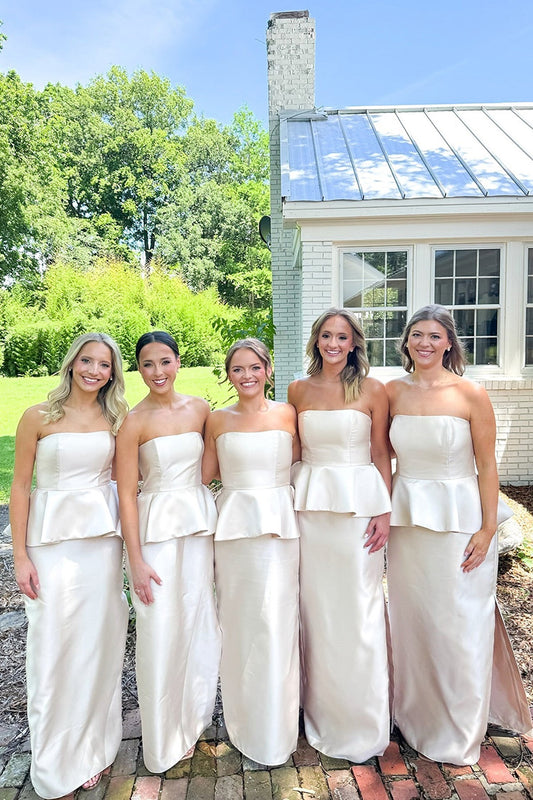 Ivory Strapless Straight-Cut Bridesmaid Dresses With Slit
