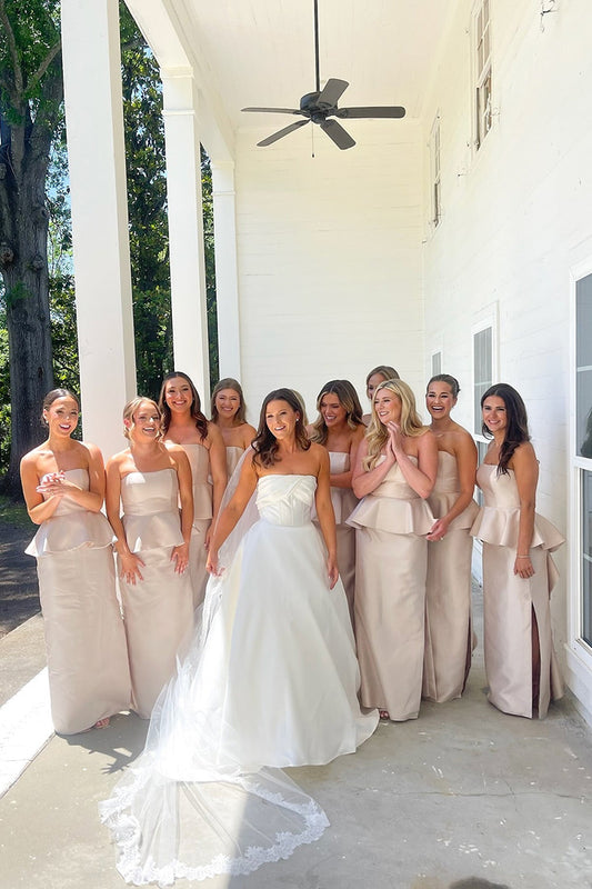 Ivory Strapless Straight-Cut Bridesmaid Dresses With Slit
