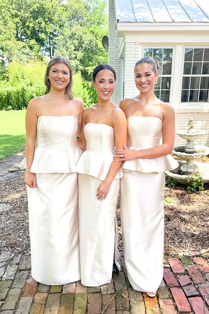 Ivory Strapless Straight-Cut Bridesmaid Dresses With Slit